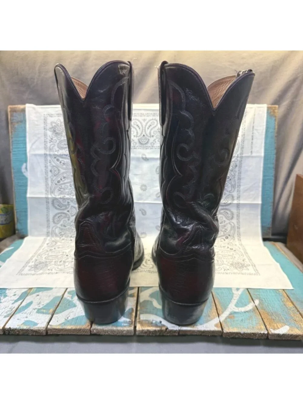 VTG Lucchese Classics Ostrich Cowboy Boots Men 12D Black Cherry Embossed Stitch